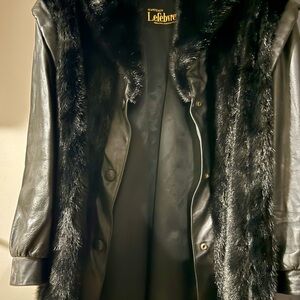 Black Faux Fur Trim Leather Coat